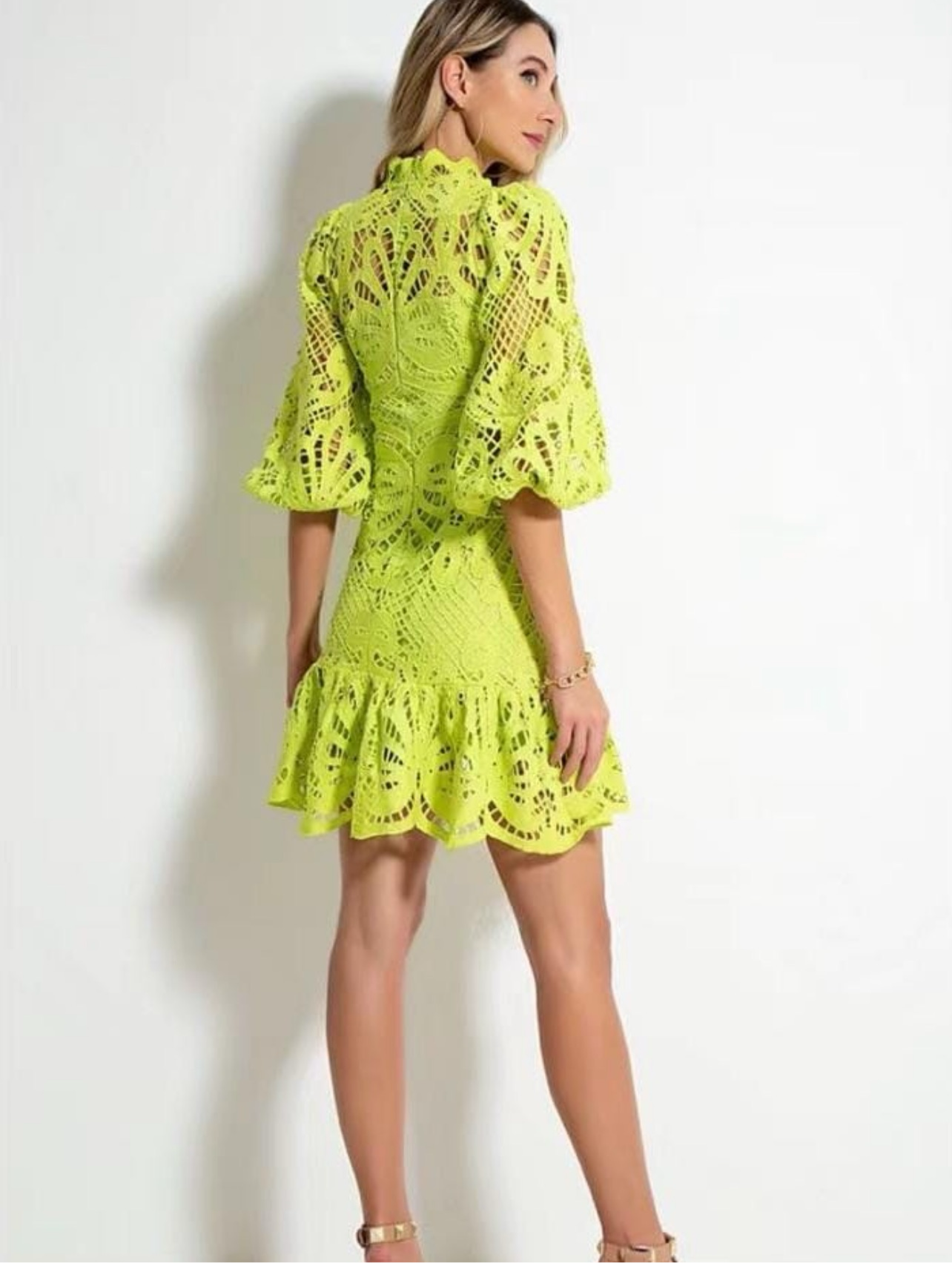 Crochet Mini Dress-Lime Green